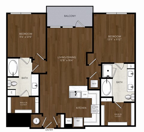 Floor plan for 2 beds, 2 baths, 1162 sqft